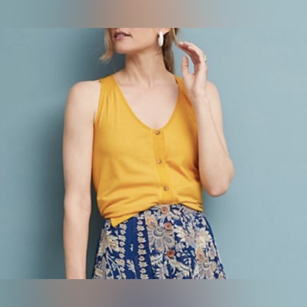 T.La from Anthropologie Yellow Gold Sojourn Button Down Tank Top, Size Medium